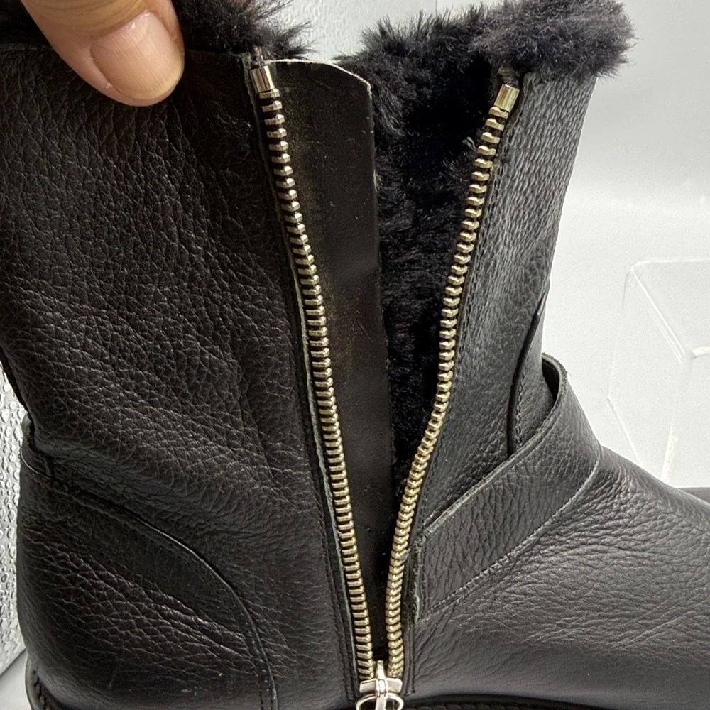 Zara Basic women's black leather ankle boots with buckle and faux fur lining